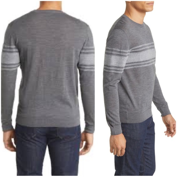 •ROBERT BARAKETT• Grey Swanson Engineered Striped Wool Crewneck Sweater Size XL - Picture 12 of 13